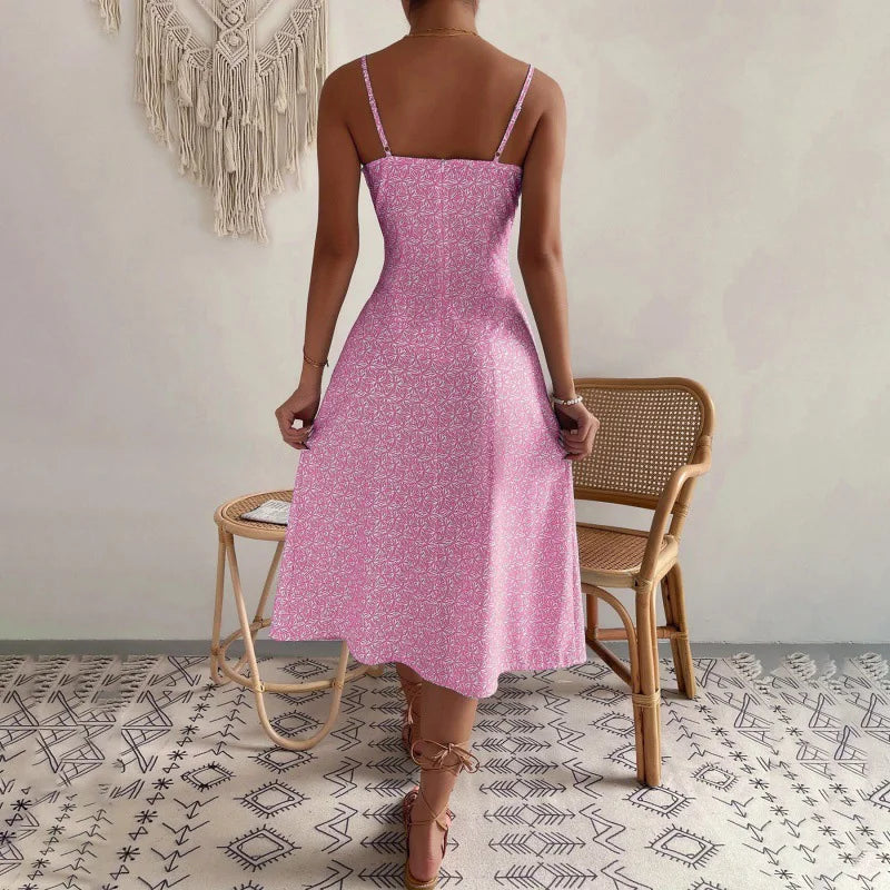 Dress Beach Style Floral Print Frock Lace-Up V-Neck Ruched Skirt Slit Hem Female Vestido by DERILUJA LLC