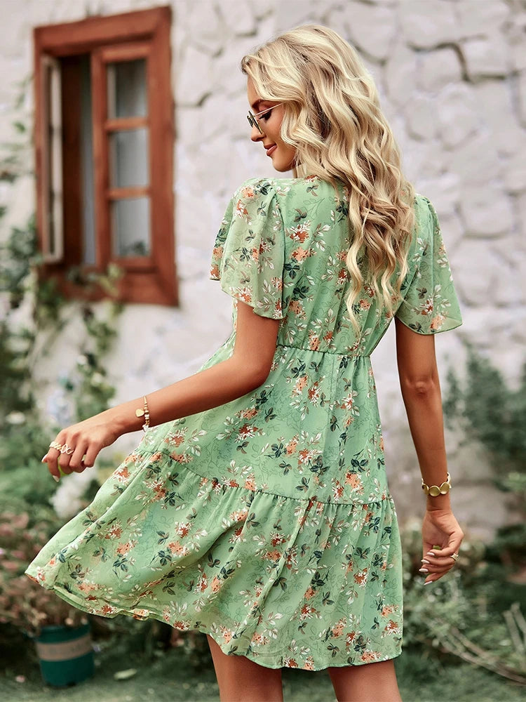 Spring Summer Fashion Women V Neck Short Sleeve Loose Chic Floral Printed Dress by DERILUJA LLC