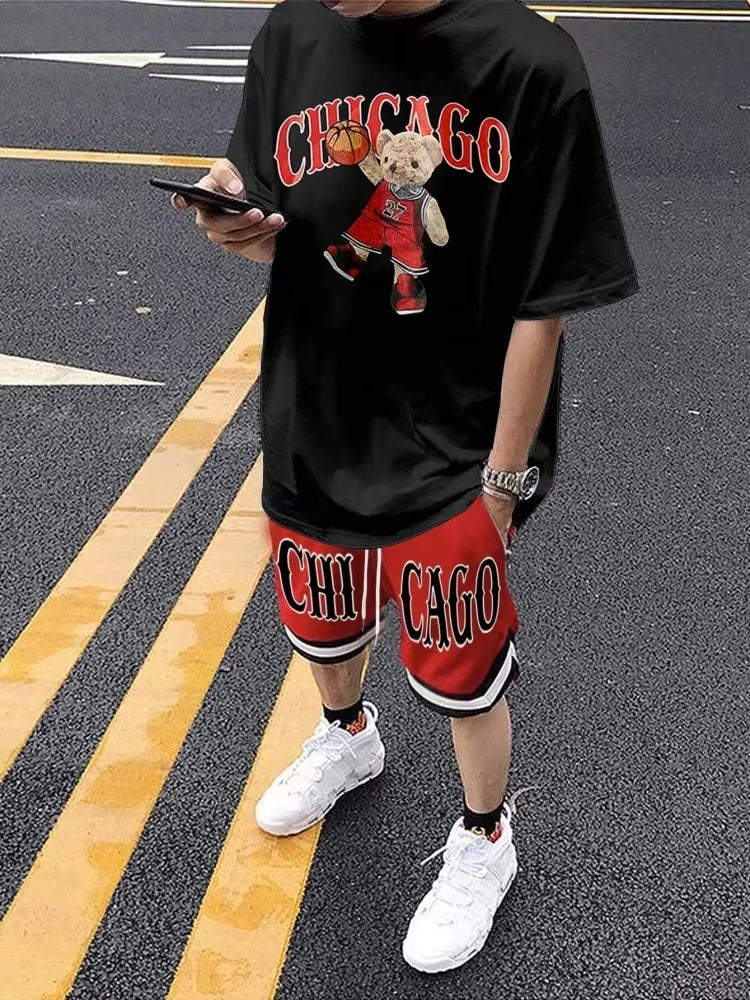 Cartoon Bear 3D Printed Men's Round Neck Short Sleeve 2-piece Set Urban Street Trendy Men's Top Outdoor Men's Drawstring Shorts by DERILUJA LLC