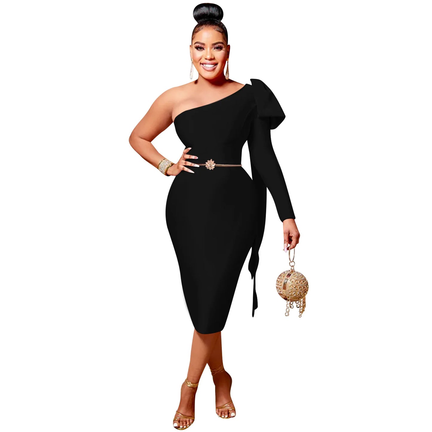 Women One Shoulder Skew Neck Bow Splicing One Long Sleeve Bodycon Midi Dress 2022 Sexy Party Prom Evenging Summer Dresses by DERILUJA LLC