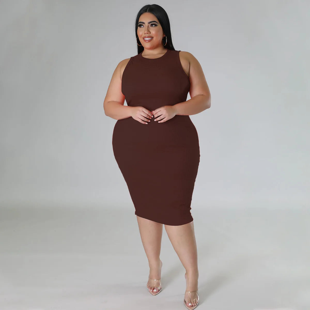 Women Plus size Fashion Sleeveless Knit Ribbed Bodycon Midi Tank Dress by DERILUJA LLC