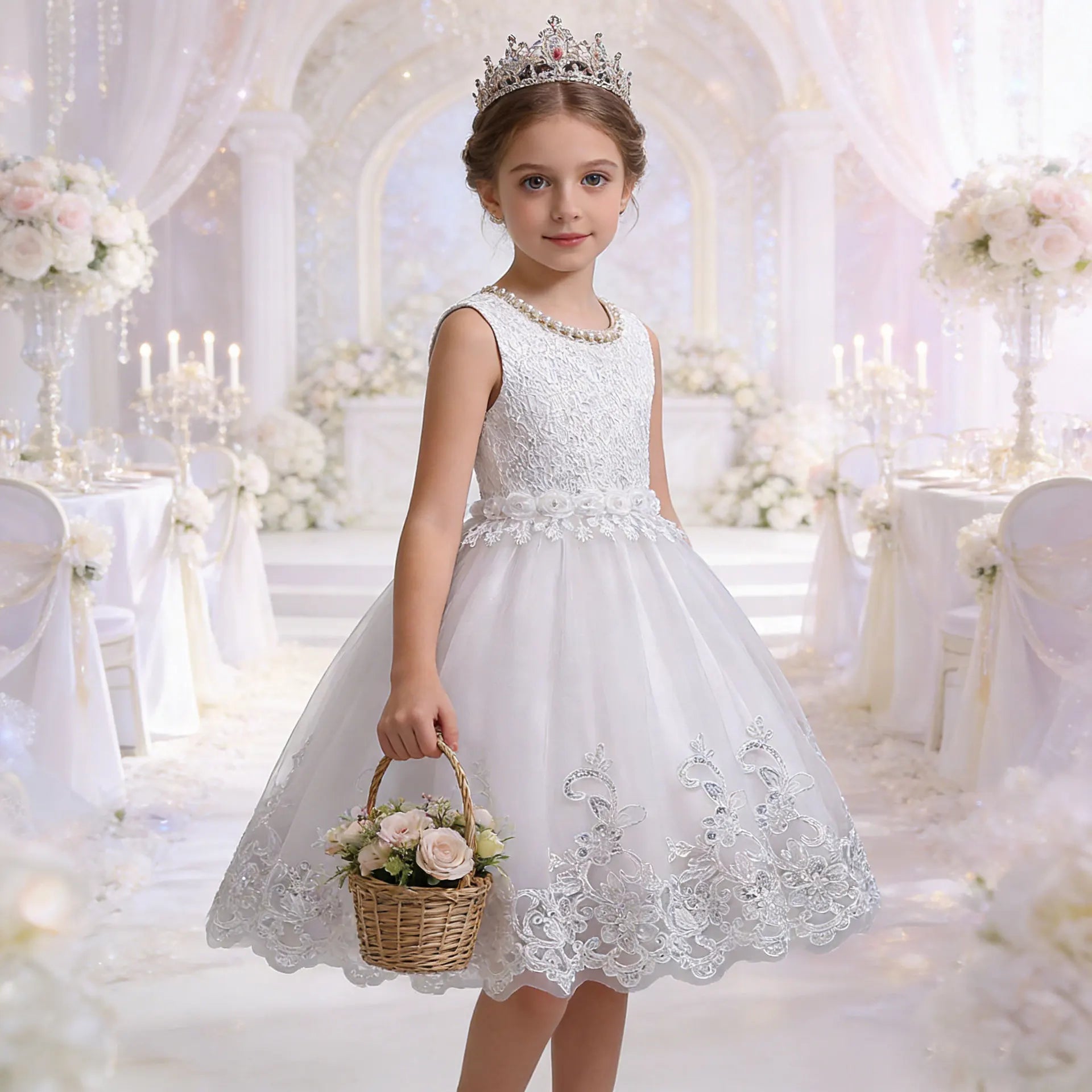 Girls Lace Flower Dress Pearls Children Wedding Party Dresses Kids Christmas Ball Gown Formal Baby Frocks Clothes Girl Carnival by DERILUJA LLC