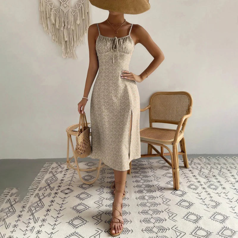 Dress Beach Style Floral Print Frock Lace-Up V-Neck Ruched Skirt Slit Hem Female Vestido by DERILUJA LLC