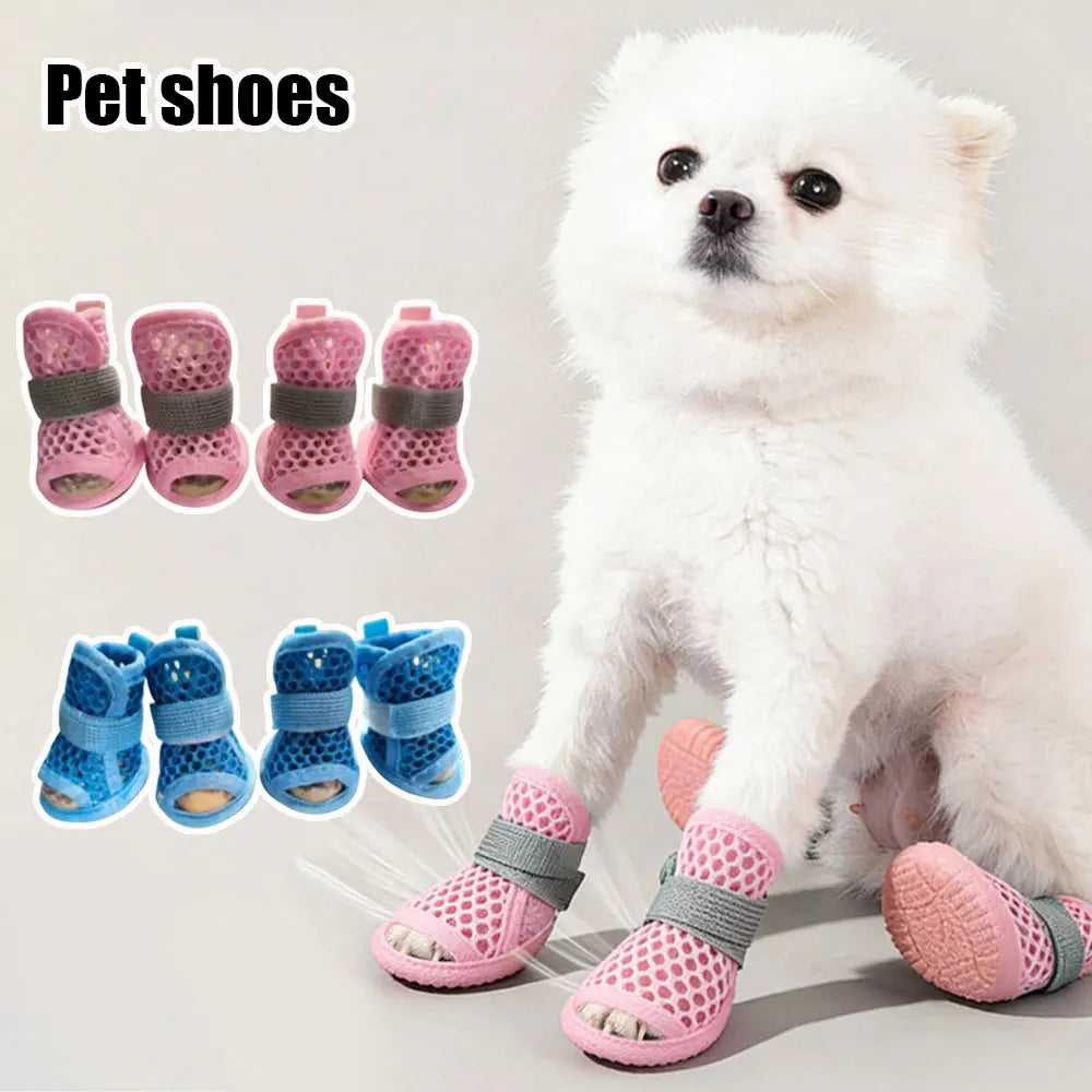 4Pcs Cute Mesh Dog Shoes Non-slip Elastic Strap Cooling Dog Boots Soft-sole Wear-resistant Pet Sandals Summer by DERILUJA LLC