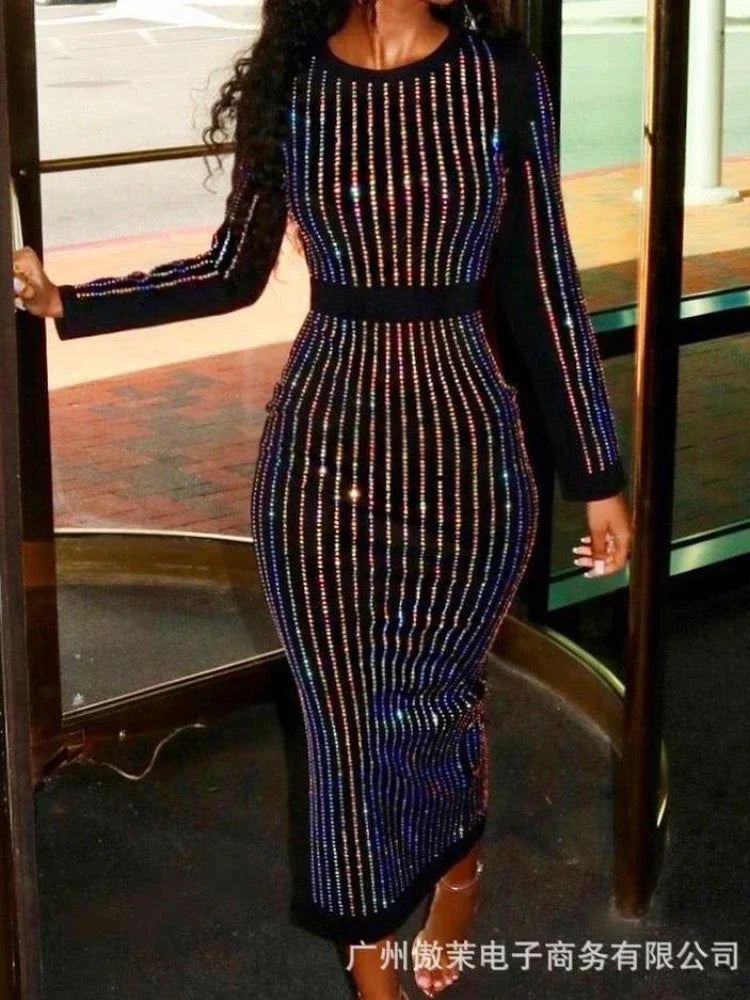 2026 Sequin Round Neck Women Dress Striped Solid Splice Party by DERILUJA LLC