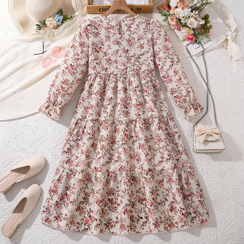 Kids Casual Dress for Girls 2026 New Spring Autumn Teenager Full Printing Long-Sleeved Dress Princess Dress Kids Daily Clothes