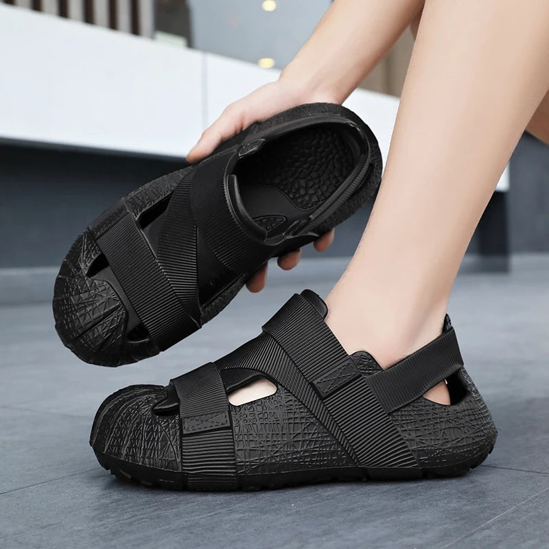Summer Men's Outdoor Hollow Sandals Flat Bottom Non Slip Women's Garden Beach Breathable Soft Bottom Sneakers Large Sandals by DERILUJA LLC