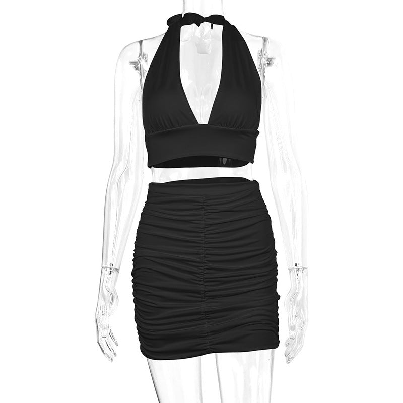 2pcs Dress Suits For Women Halter Lace-up Hip Top And Pleated Hip-covering Skirt by DERILUJA LLC