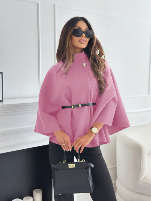 Stand Collar Batwing Sleeves Cloak Top With Belt Ins Fashion Temperament Jacket Woolen Sweater Outwear For Women Clothing by DERILUJA LLC