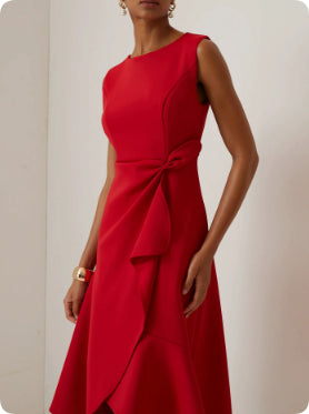 Women's Bow-knot Sleeveless Dress Summer Round Neck Red Temperament by DERILUJA LLC