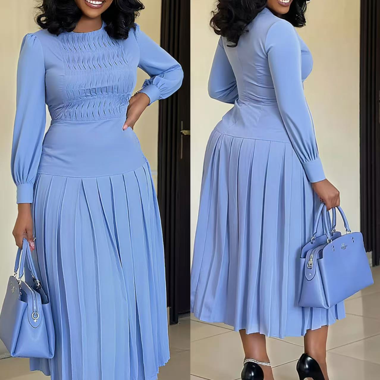 Fashionable Long-Sleeve Solid-Color Dress For Women by DERILUJA LLC