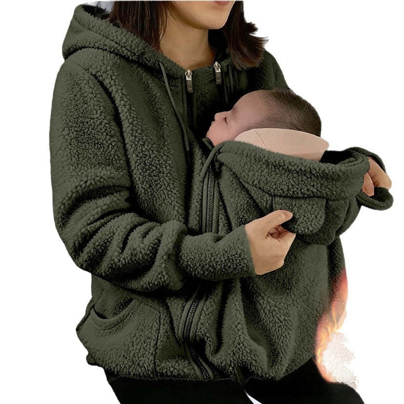 Corduroy Hooded Sweatshirt With Baby-pocket Women's Thickened Zip-up Jacket For Parent-Child Matching Outfits by DERILUJA LLC