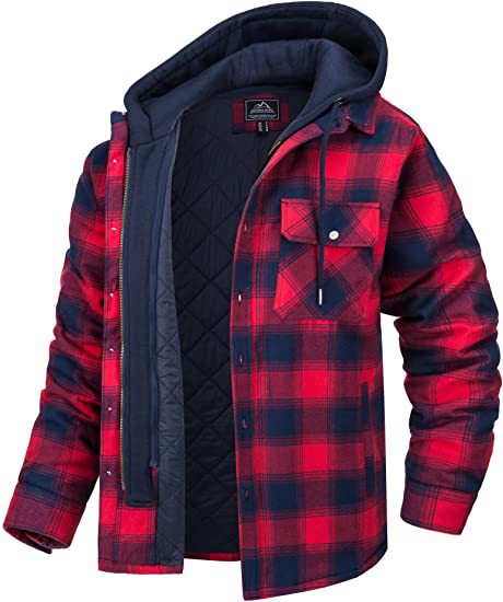 Men's Plaid Hooded Coat Winter Warm Button Zip-up Jacket Fashion Casual Thick Padded Long Sleeves Outerwear Clothing by DERILUJA LLC