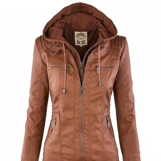 Women's Detachable Lapel Long Sleeve Solid Color Zipper Leather Jacket Coat by My Store