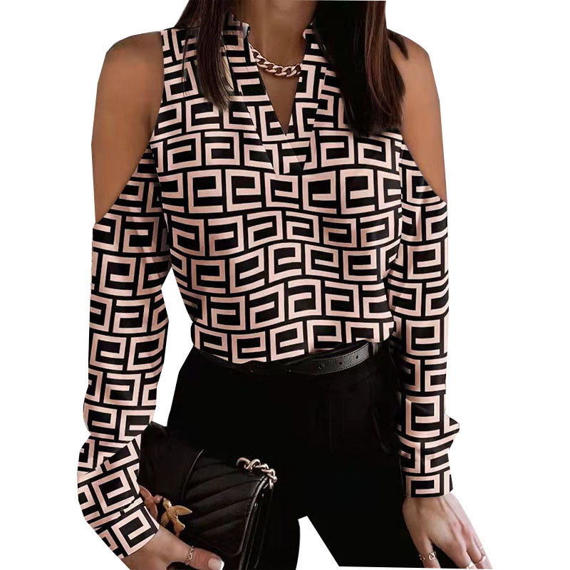 Long Sleeve Off-shoulder Long Sleeve Printed Shirt by DERILUJA LLC