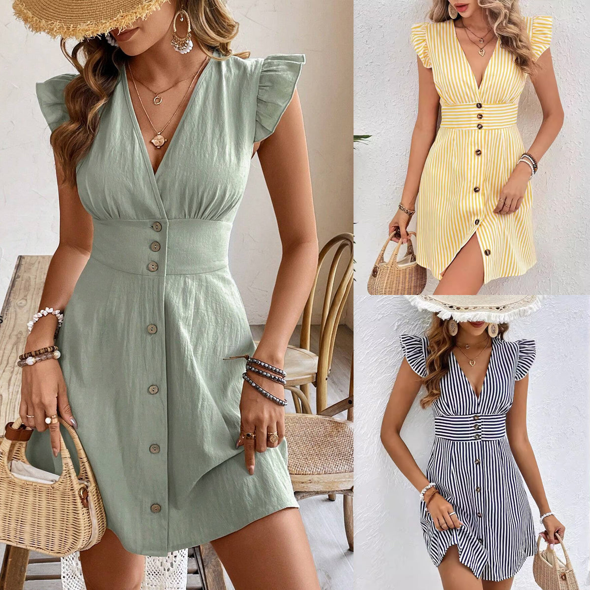 Summer V-neck Single-breasted Fly-sleeve Women's Shirt Dresses With Elegant Splicing Stripe Printing Beach Style Dress by DERILUJA LLC