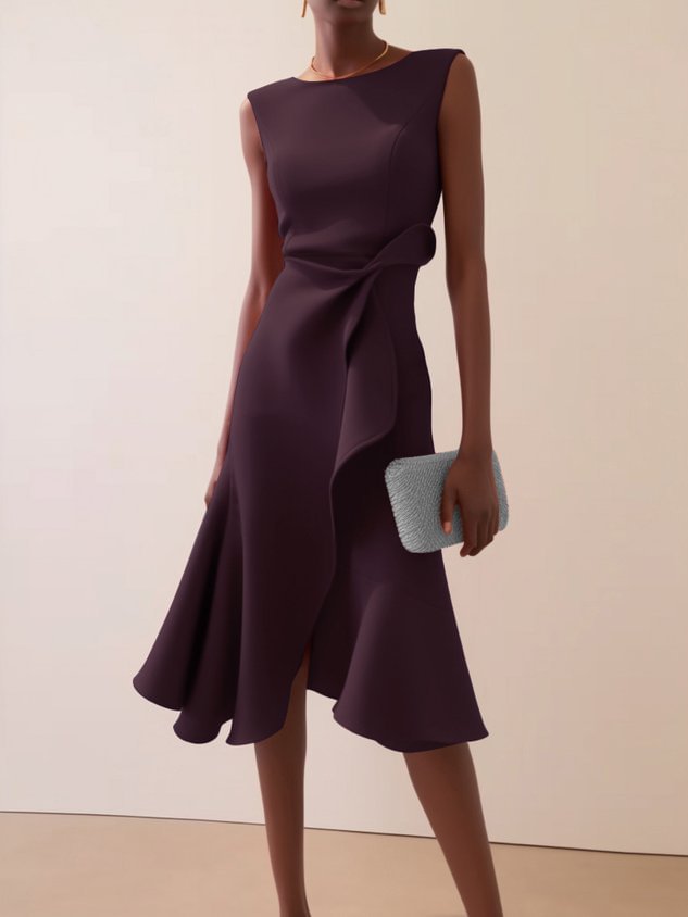 Women's Bow-knot Sleeveless Dress Summer Round Neck Red Temperament by DERILUJA LLC