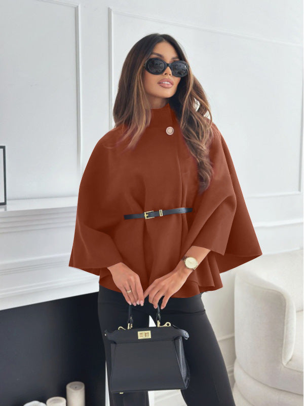 Stand Collar Batwing Sleeves Cloak Top With Belt Ins Fashion Temperament Jacket Woolen Sweater Outwear For Women Clothing by DERILUJA LLC