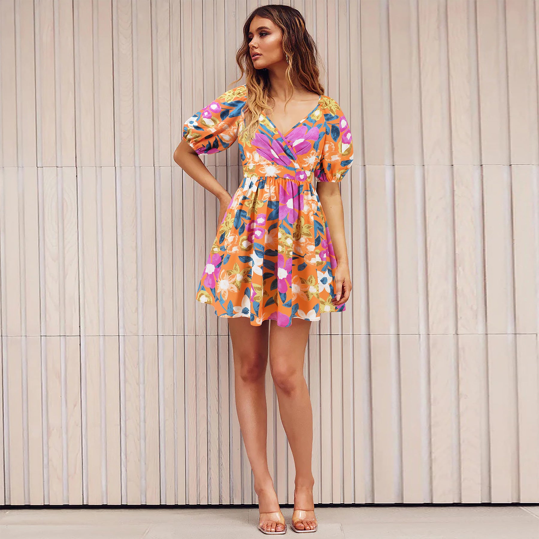 Flowers Print V-Neck Lantern-sleeve Dress Y2K Summer Vacation Beach Short Dresses Fashion Womens Clothing by DERILUJA LLC