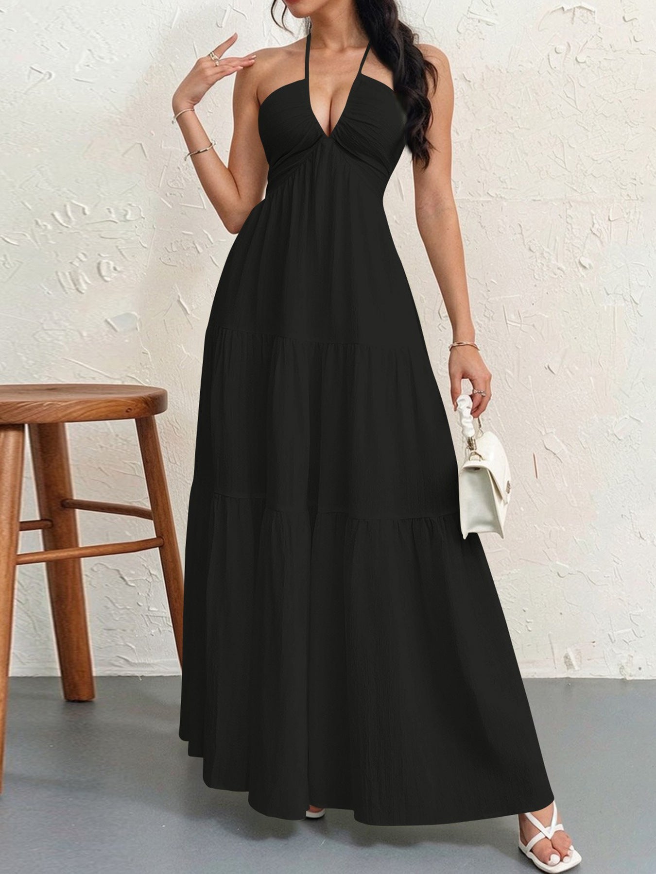 Backless Halterneck V-Neck Pleated A- Line Dress Women's Clothing One-Piece Dress Ankle-length Skirt For Beach Vacation Outfits by DERILUJA LLC