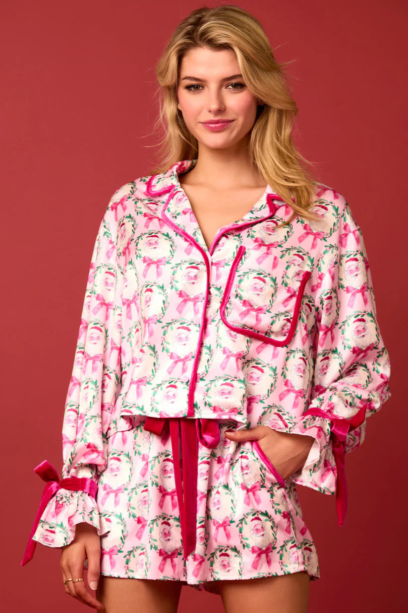 2 Pcs Women's Christmas Pajama Set Santa Tree Print Lapel Neck Button-up Long Sleeve Tops Shorts Loungewear Outfit by My Store