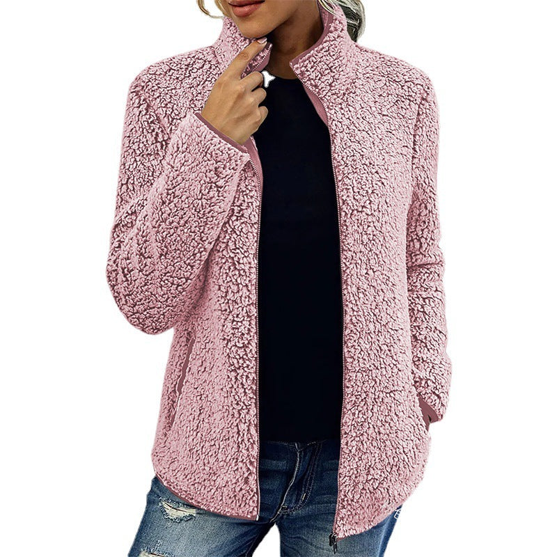 Fall Winter Warm Sweatshirt Stand Collar Solid Color Top Sweater Women's Casual Fashion Long Sleeve Zipper Bubble Velvet Coat Tops by My Store