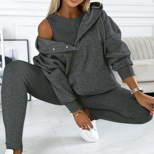 3pcs Women's Sports Suit Loose Hooded Pockets Sweatshirt And Vest And Slim Trousers by My Store