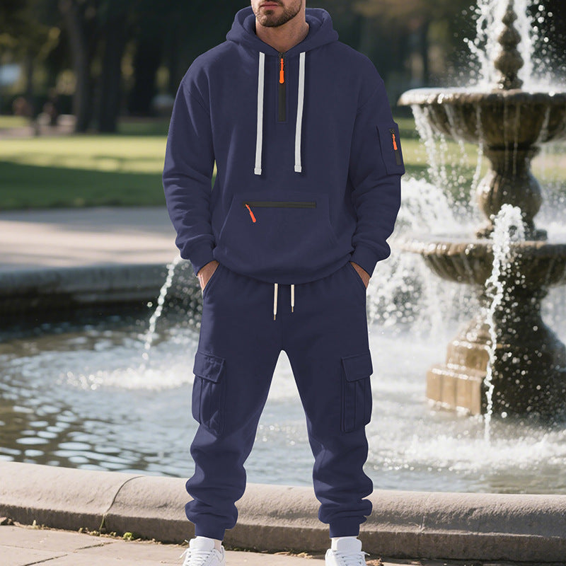 Men's Loose Sports And Leisure Suit Sweater Fleece-lined Hoodie Set Zipper Multi-Pocket Pullover Men's Sports Casual Top Two-piece Set by My Store