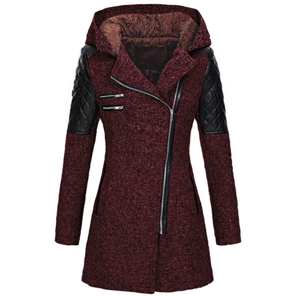 Women Warm Slim Full Zipper Coat Thick Woolen Coat Female Fall Winter Windbreaker Hooded Diagonal Zipper Women's Clothing by My Store