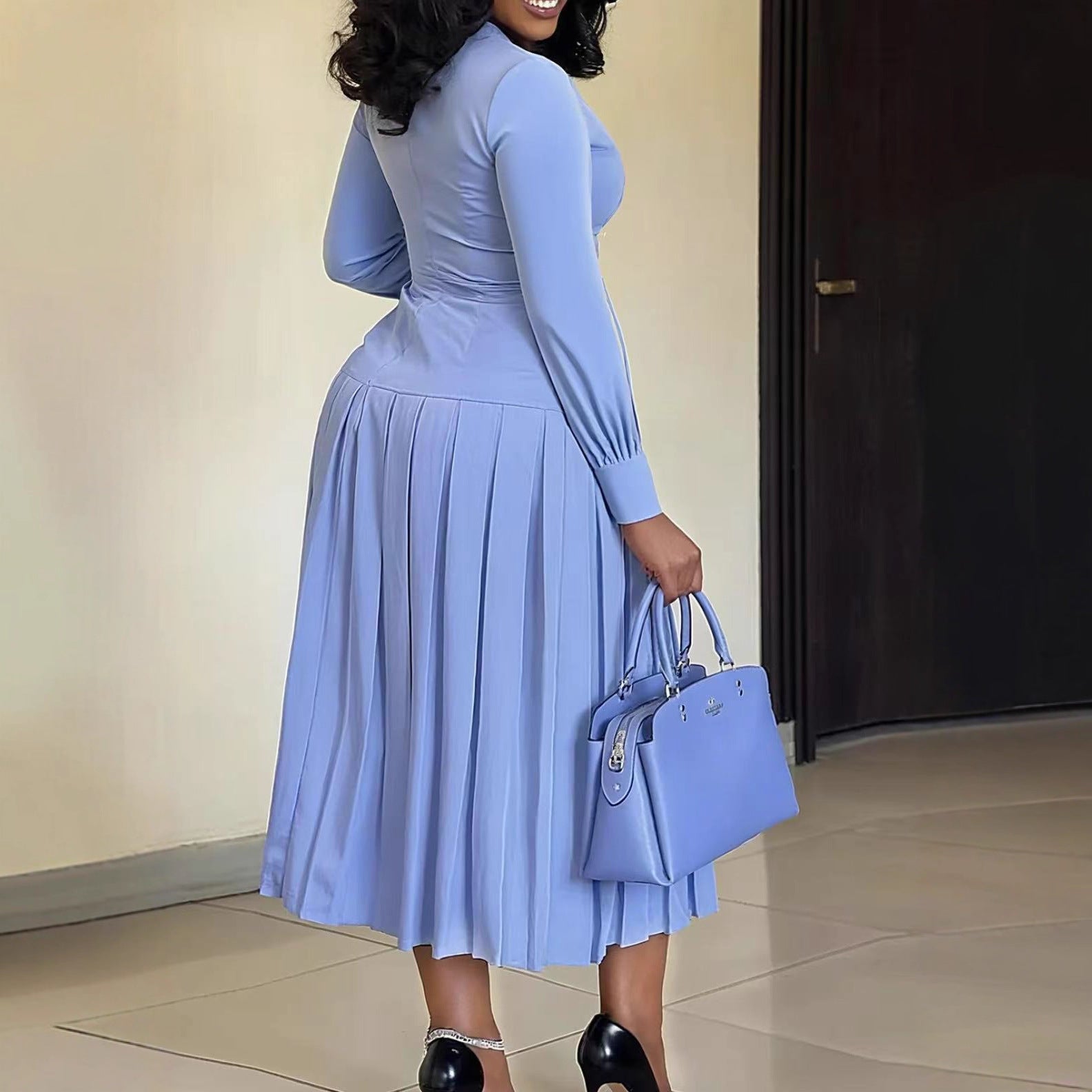 Fashionable Long-Sleeve Solid-Color Dress For Women by DERILUJA LLC