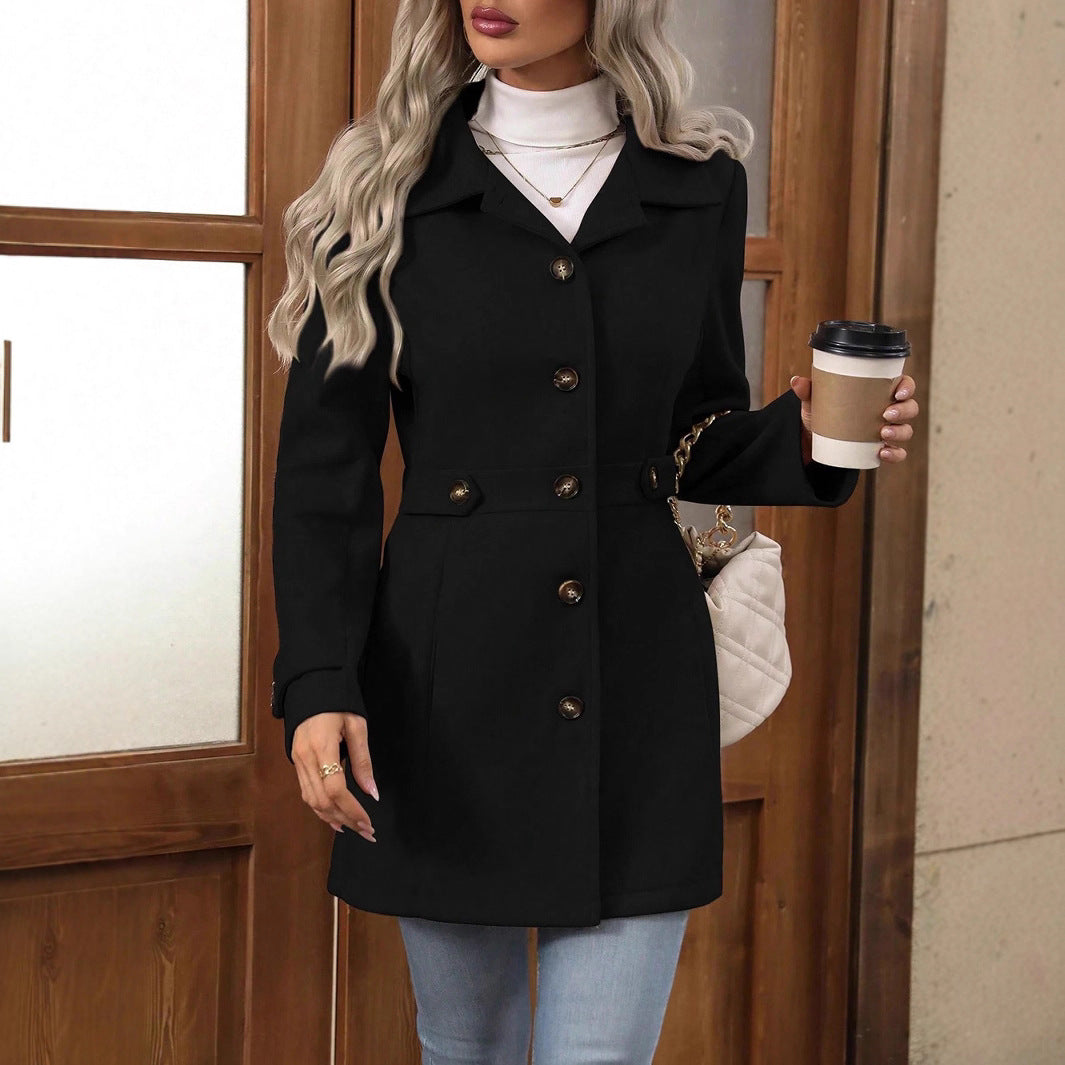 Elegant Single-breasted Woolen Coat Buttons Lapel Mid-length Jacket Temperament Commuter Outwear Clothing For Women by DERILUJA LLC
