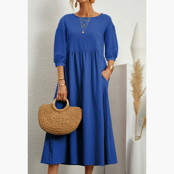 Summer Short-sleeved Dress With Pockets Fashion Solid Round Neck A-line Dresses For Women Clothing by DERILUJA LLC