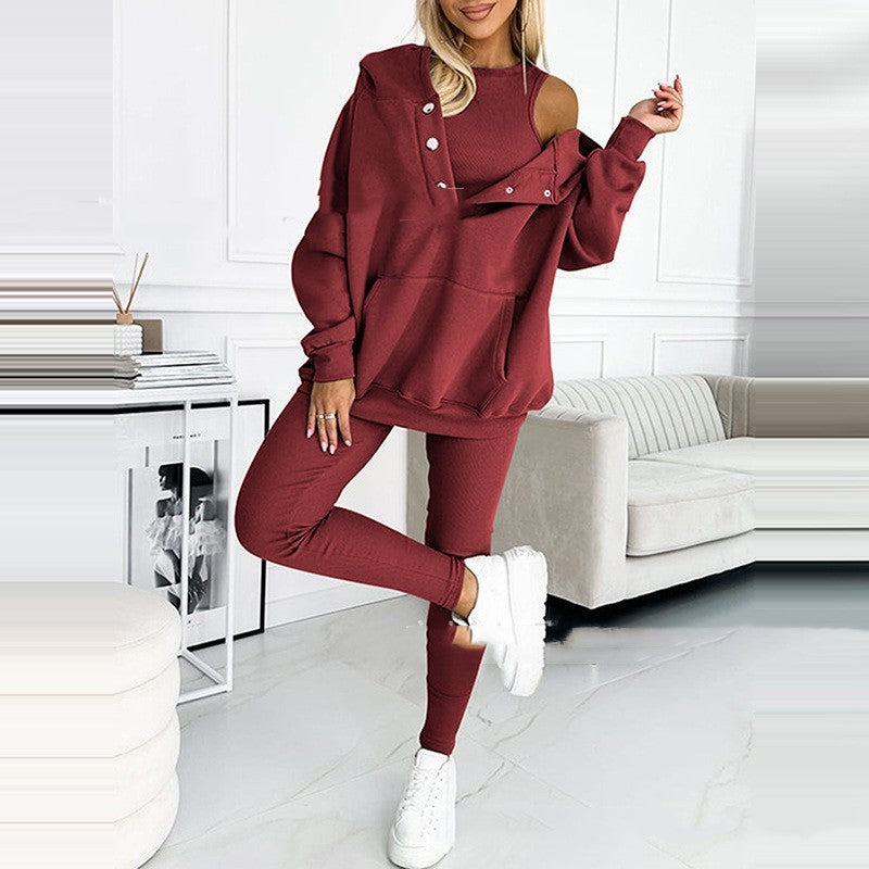 3pcs Women's Sports Suit Loose Hooded Pockets Sweatshirt And Vest And Slim Trousers by My Store