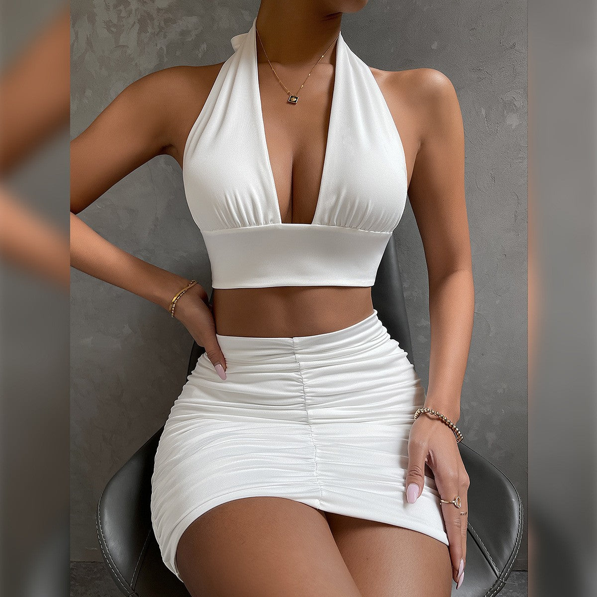 2pcs Dress Suits For Women Halter Lace-up Hip Top And Pleated Hip-covering Skirt by DERILUJA LLC