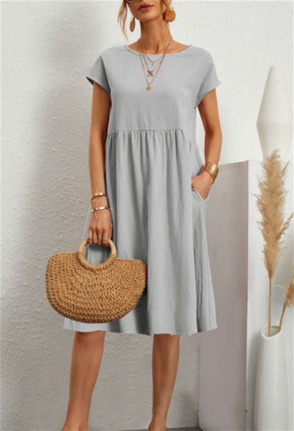 Summer Short-sleeved Dress With Pockets Fashion Solid Round Neck A-line Dresses For Women Clothing by DERILUJA LLC