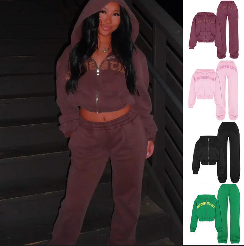 Ins Letter Sports Suit Zip-up Hooded Cropped Sweatshirt Top And Loose Drawstring Trousers Fashion Womens Clothing by DERILUJA LLC