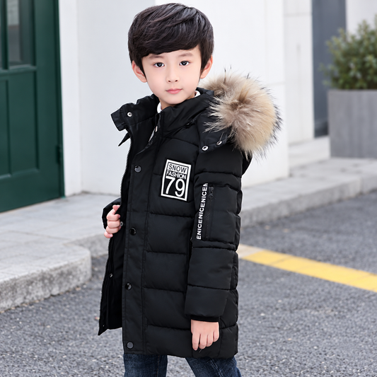 Boys’ faux-fur hooded long winter parka in black