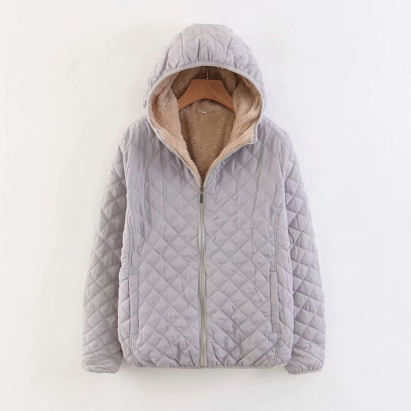 Women's Short Casual Padded Lamb Fleece Jacket by DERILUJA LLC