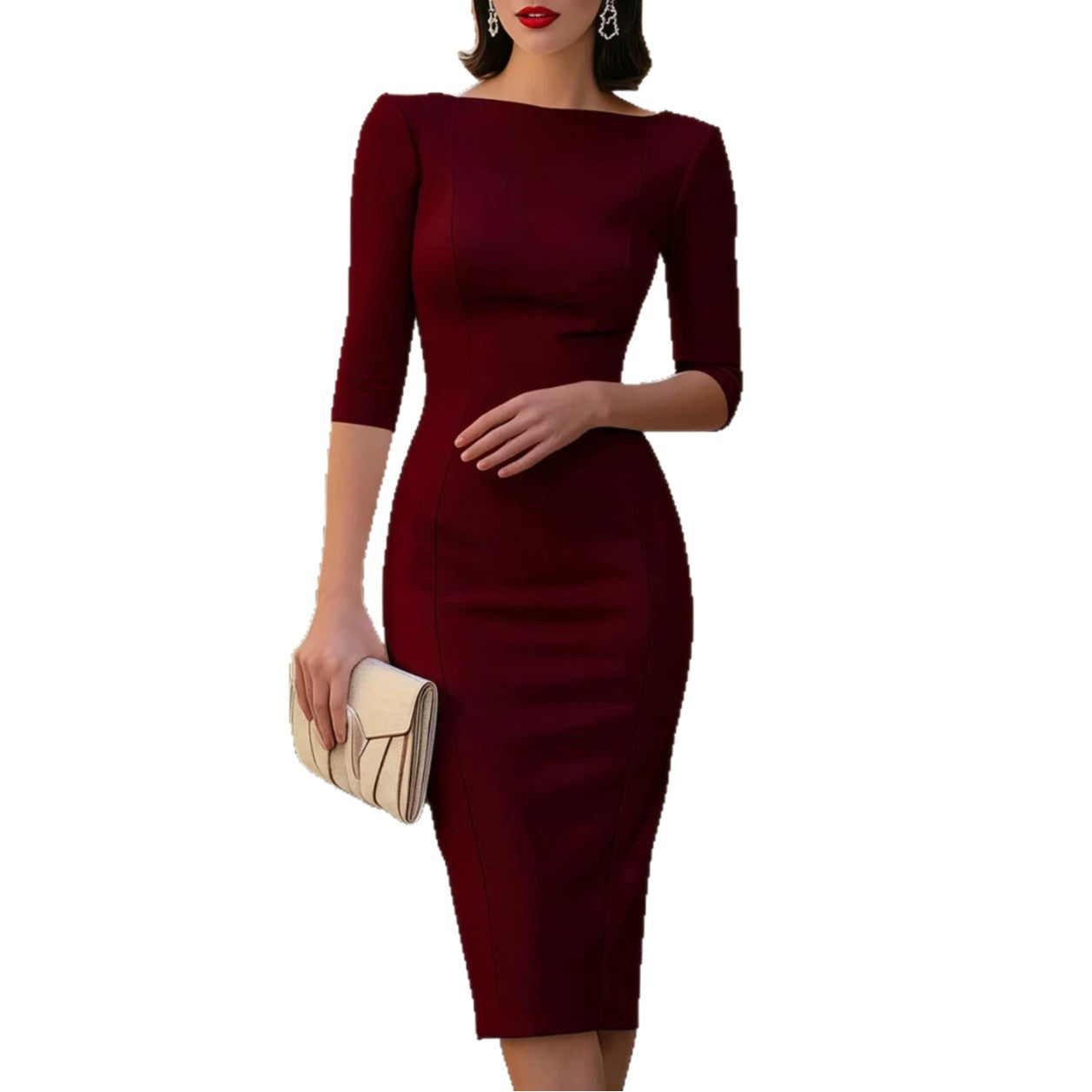 Three-quarter-sleeve Elegant Office-fit Sheath Dress by DERILUJA LLC