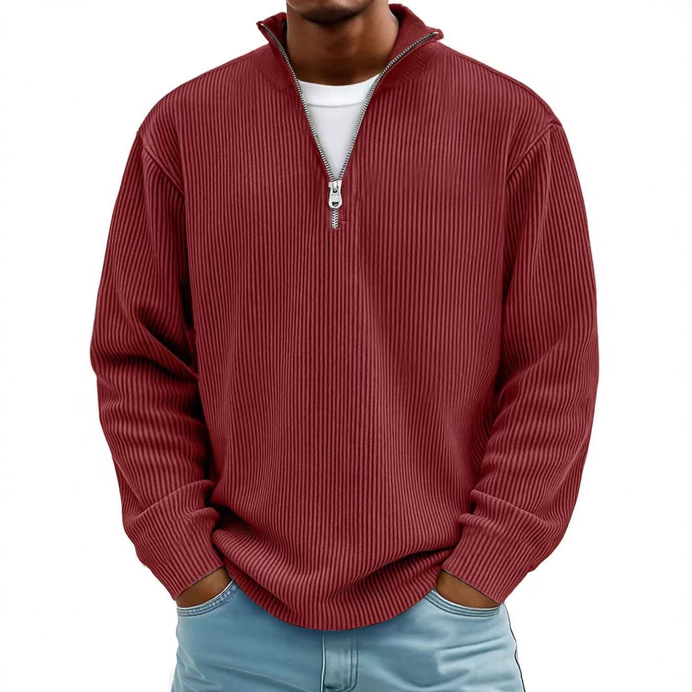 Corduroy Zipper Stand Collar Sweatshirt Fashion Warm Solid Color Long Sleeve Top Men's Casual Polo Shirt Clothing by My Store