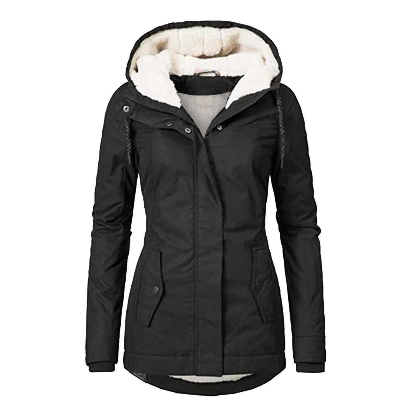 Winter Hooded Jacket Solid Color Warm Buckle Zip-up Fleece Jacket With Pockets Women's Casual Jacket by My Store