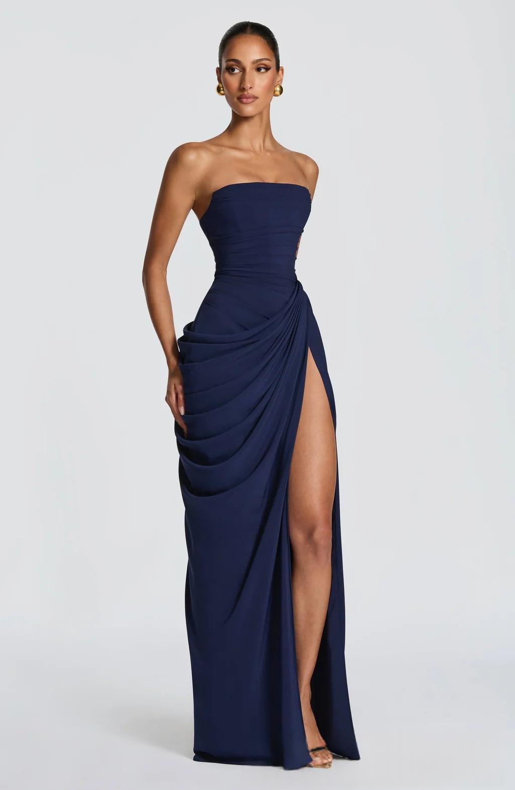 French Style Romantic Strapless Pleated Slit Dress - Women's Elegant Evening Gown For Summer Party Wedding Dresses by DERILUJA LLC