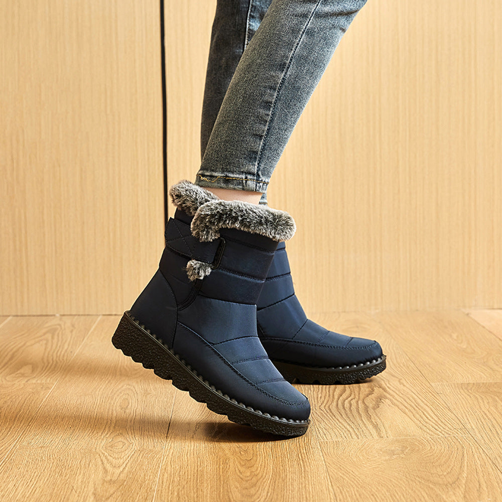 Snow Boots Winter Warm Hook And Loop Fastener Plush Shoes Women Waterproof Low Heels Platform Ankle Boots by My Store
