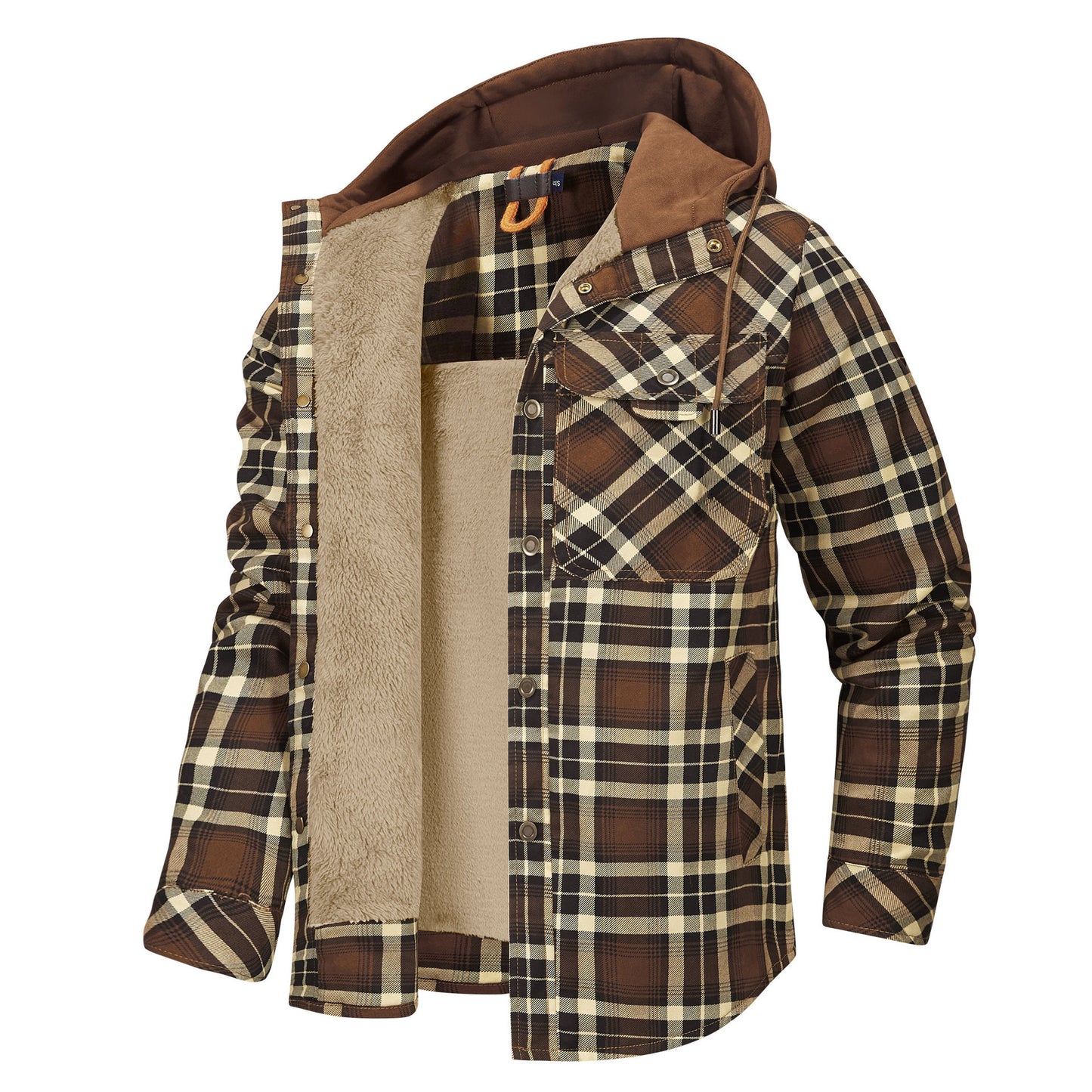 Men's Long Sleeve Velvet Thickened Hooded Plaid Shirt Coat by My Store
