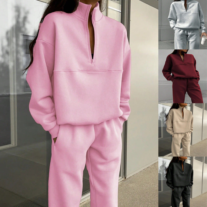 Long-sleeved Sports Sweatshirt Suit Fashion Stand-up Collar Zip-up Top And Elastic Band Trousers With Pocket Srping Fall Clothing For Women by DERILUJA LLC