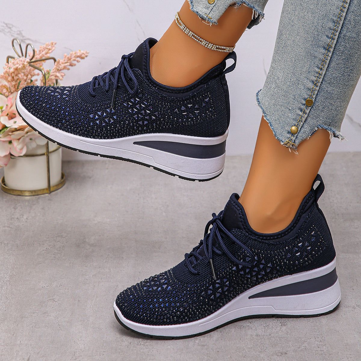 Ins Rhinestone Sneakers Fashion Lace Up Wedges Casual Shoes Women's Daily Commuting Sports Shoes by My Store