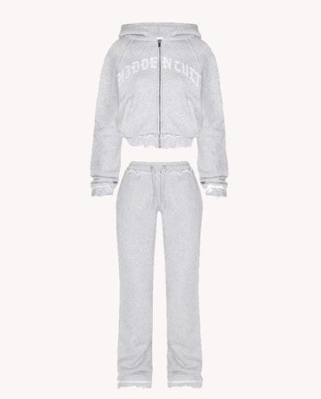 Ins Letter Sports Suit Zip-up Hooded Cropped Sweatshirt Top And Loose Drawstring Trousers Fashion Womens Clothing by DERILUJA LLC