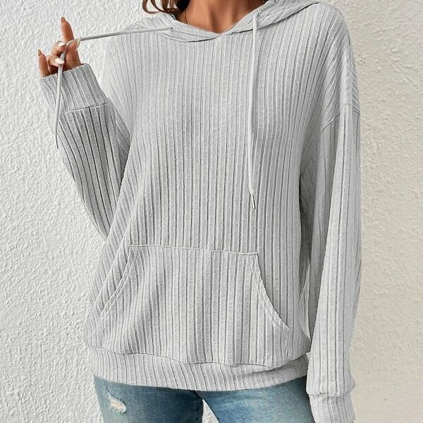 Fashion Drawstring Long-sleeved Hooded Sweatshirt With Pockets Solid Sunken Stripe Hoodie Knitwear Womens Clothing by DERILUJA LLC