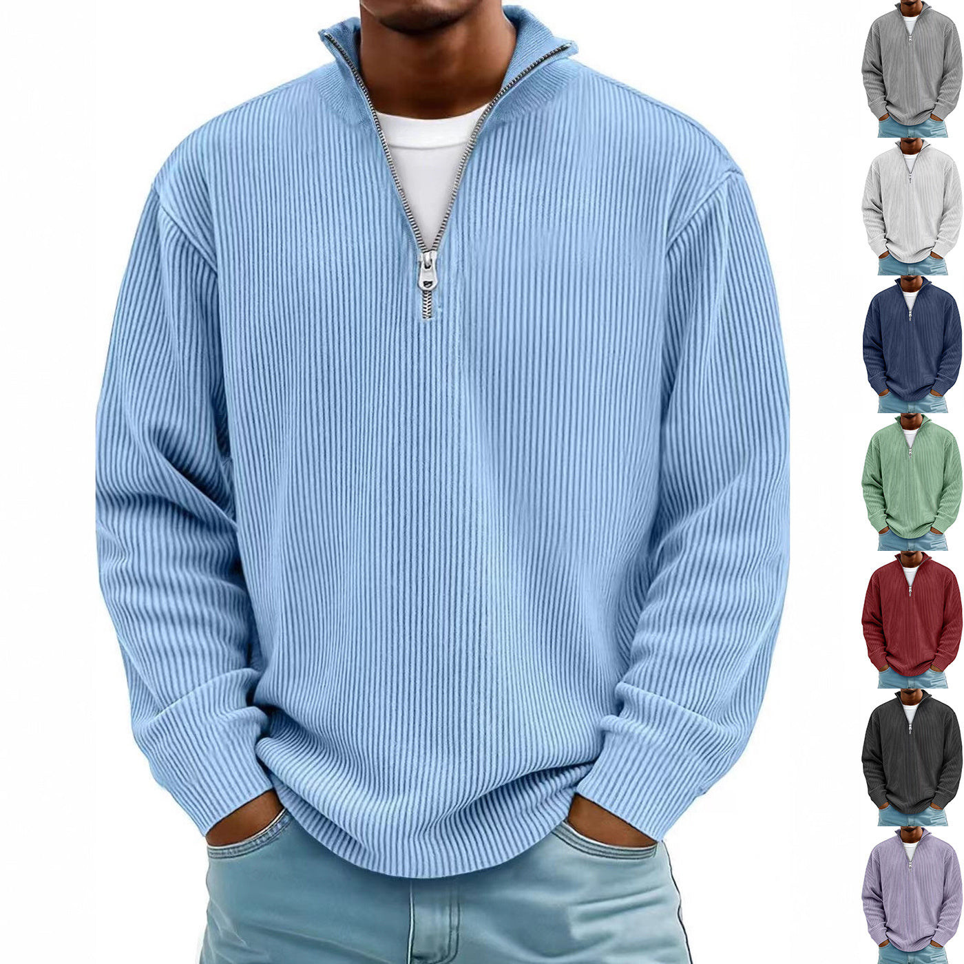 Corduroy Zipper Stand Collar Sweatshirt Fashion Warm Solid Color Long Sleeve Top Men's Casual Polo Shirt Clothing by My Store