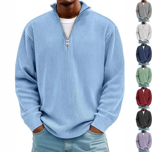 Corduroy Zipper Stand Collar Sweatshirt Fashion Warm Solid Color Long Sleeve Top Men's Casual Polo Shirt Clothing by My Store